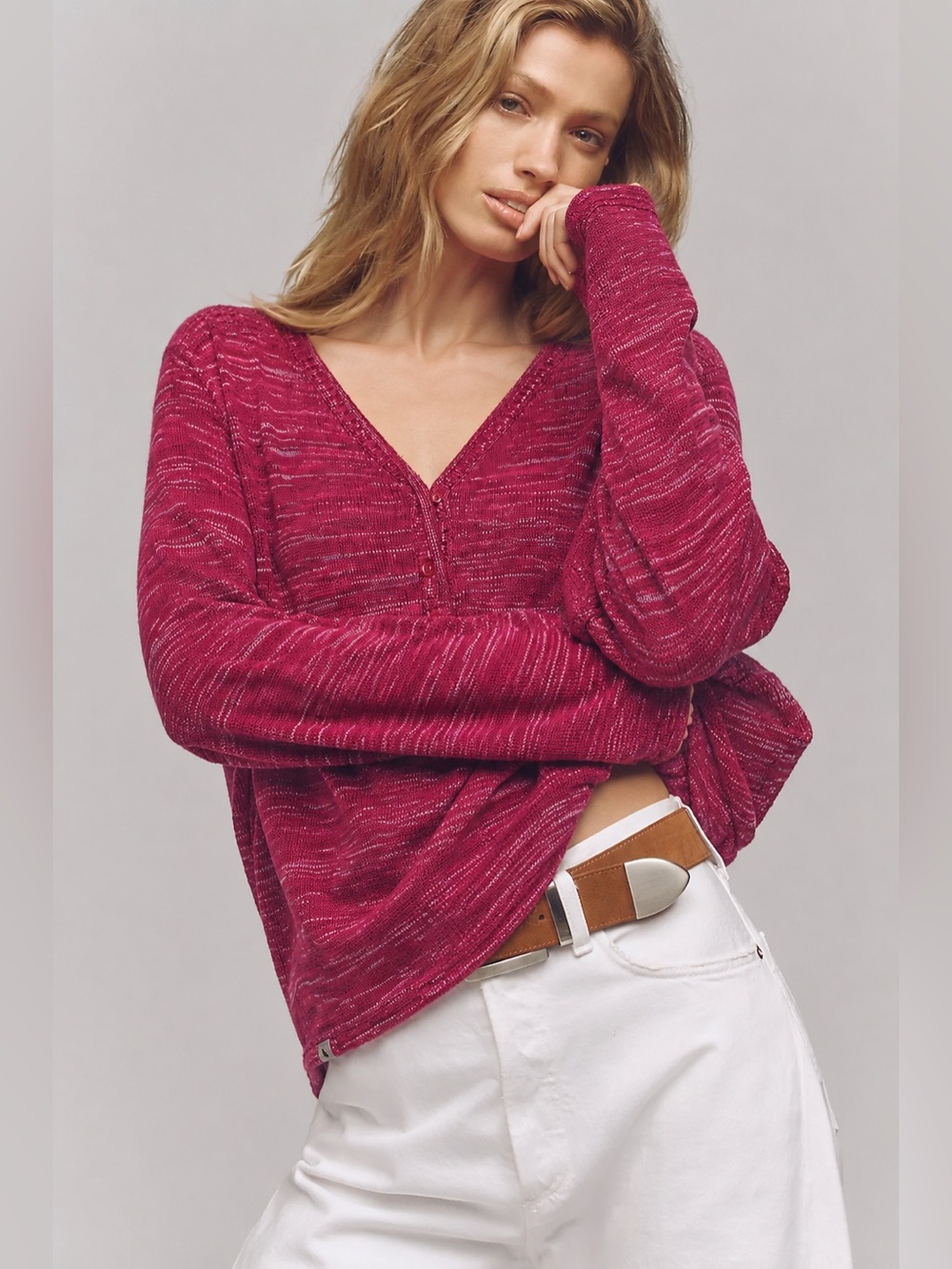 Eddie Bauer Magenta Marled Chunky Knit Luxe Cotton V-Neck Henley Sweater Tunic L
